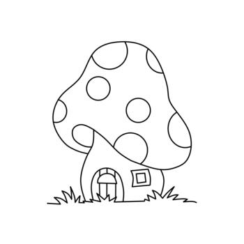 A charming outline drawing of a whimsical mushroom house with a spotted cap, featuring a small door and window, nestled in a patch of simple grass. vector