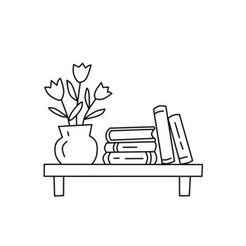 acogedor línea Arte ilustración de un pequeño estante participación un apilar de libros y un florero con Tres sencillo parecido a un tulipán flores Perfecto para lectura, aprendiendo, y hogar decoración. vector