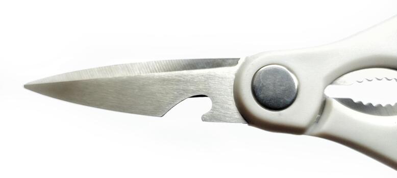 multifuncional cocina tijeras con botella abrelatas. aislado en blanco antecedentes. producto fotografía presentación foto