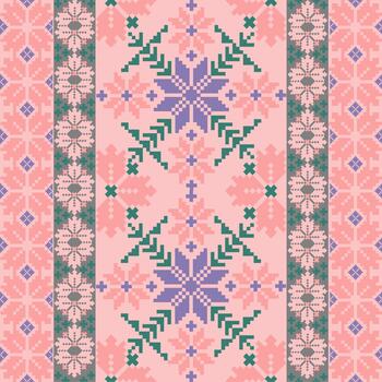 un rosado inspirado en telas floral píxel Arte modelo con un hecho a mano mirar. repitiendo geométrico motivos en píxel estilo, Perfecto para étnico textil huellas dactilares, digital tela diseño vector