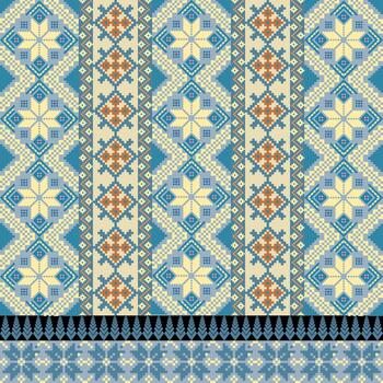 Blue-Yellow Traditional fabric-inspired pixel art pattern with a handcrafted look. Repeating geometric motifs in pixel style, perfect for ethnic textile prints, digital fabric design vector