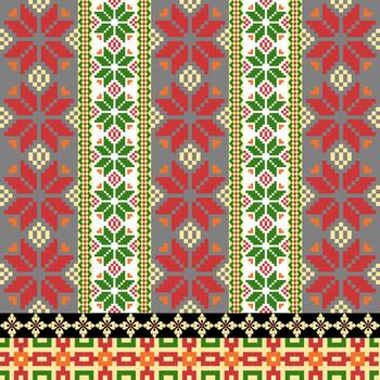 un rojo Navidad floral píxel Arte modelo con un hecho a mano mirar. repitiendo geométrico motivos en píxel estilo, Perfecto para étnico textil huellas dactilares vector