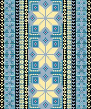 Blue-Yellow Traditional fabric-inspired pixel art pattern with a handcrafted look. Repeating geometric motifs in pixel style, perfect for ethnic textile prints, digital fabric design, and folk vector