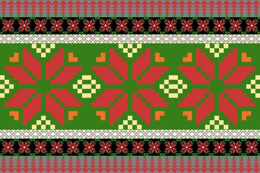 un rojo floral píxel Arte modelo con un hecho a mano mirar. repitiendo geométrico motivos en píxel estilo, Perfecto para étnico textil huellas dactilares vector