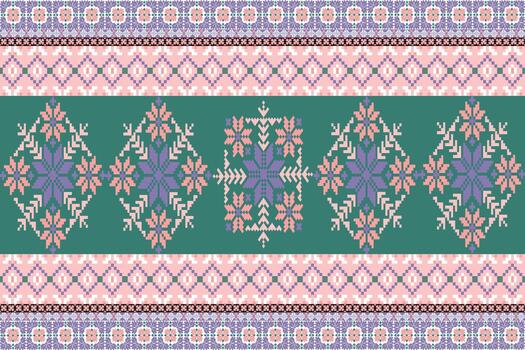 Traditional fabric-inspired Floral pixel art pattern with a handcrafted look. Repeating geometric motifs in pixel style, perfect for ethnic textile prints, digital fabric design vector