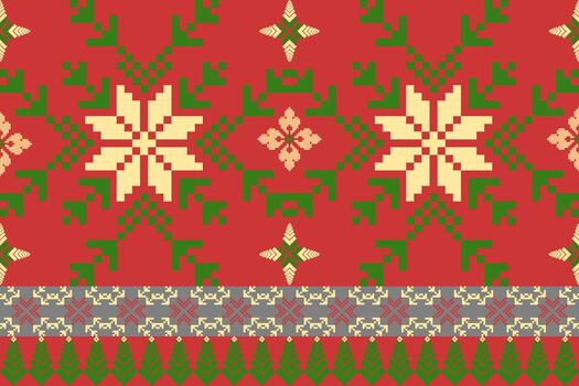 A Christmas Floral pixel art pattern with a handcrafted look. Repeating geometric motifs in pixel style, perfect for ethnic textile prints vector