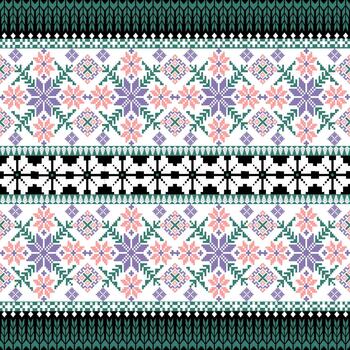 A Floral Traditional fabric-inspired pixel art pattern with a handcrafted look. Repeating geometric motifs in pixel style, perfect for ethnic textile prints, digital fabric design vector