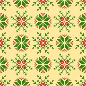 A Retro Floral pixel art pattern with a handcrafted look. Repeating geometric motifs in pixel style, perfect for ethnic textile prints vector