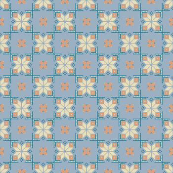 Blue Traditional fabric-inspired pixel art pattern with a handcrafted look. Repeating geometric motifs in pixel style, perfect for ethnic textile prints, digital fabric design, and folk-inspired vector