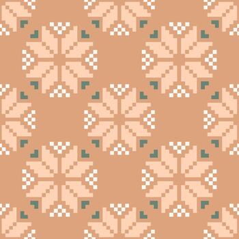 An Earthy Traditional fabric-inspired Floral pixel art pattern with a handcrafted look. Repeating geometric motifs in pixel style, perfect for ethnic textile prints, digital fabric design vector
