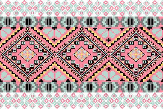 Light-Blue Retro Floral pixel art pattern with a handcrafted look. Repeating geometric motifs in pixel style, perfect for ethnic textile vector