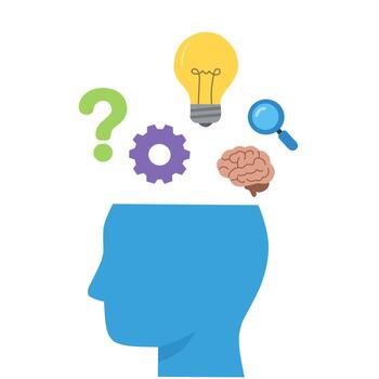 humano cabeza silueta con creatividad íconos tal como ligero bulbo, cerebro, engranaje, pregunta marca, y lupa, representando pensamiento, problema resolviendo, innovación, y ideas vector