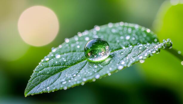A macro capture shows a solitary, transparent dew drop resting on a green leaf. Other smaller dew drops surround the main drop on the textured leaf, with a blurred background. photo