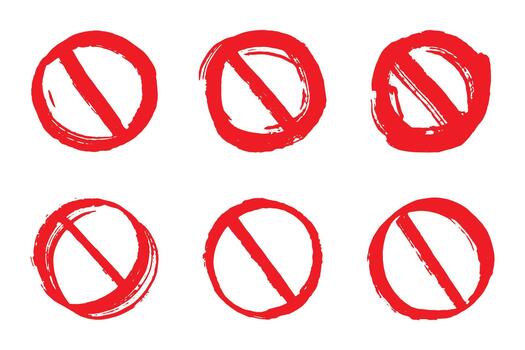 Set of hand drawn prohibition sign No entry symbol Red circle with cross line clipart in doodle style Ban Restriction Forbidden stop Single element for print, web, design stop warning vector
