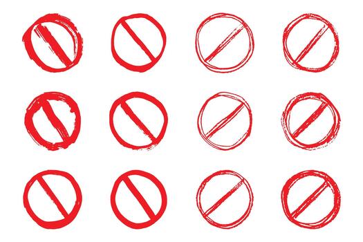 Set of hand drawn prohibition sign No entry symbol Red circle with cross line clipart in doodle style Ban Restriction Forbidden stop Single element for print, web, design stop ban vector