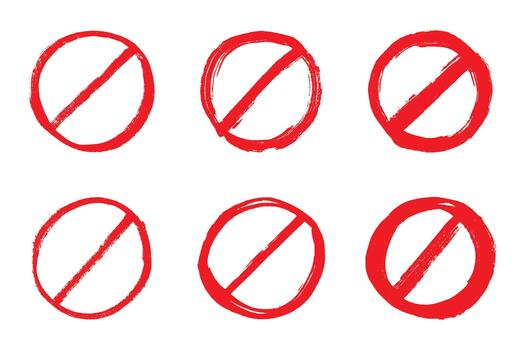 Set of hand drawn prohibition sign No entry symbol Red circle with cross line clipart in doodle style Ban Restriction Forbidden stop Single element for print, web, design stop entry vector