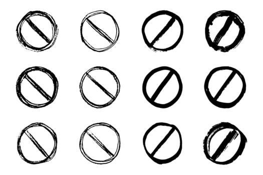 Set of hand drawn prohibition sign No entry symbol Black circle with cross line clipart in doodle style Ban Restriction Forbidden stop Single element for print, web, design stop forbidden vector