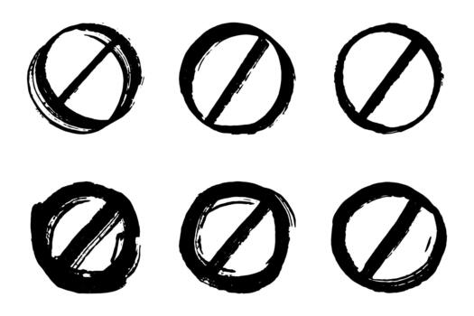 Set of hand drawn prohibition sign No entry symbol Black circle with cross line clipart in doodle style Ban Restriction Forbidden stop Single element for print, web, design ban scribble vector