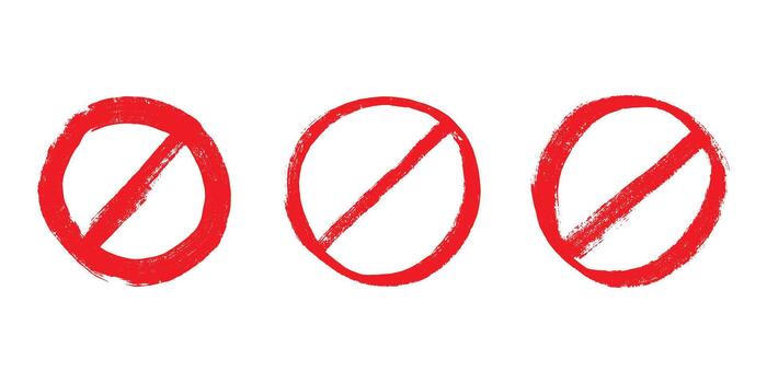 Set of hand drawn prohibition sign No entry symbol Red circle with cross line clipart in doodle style Ban Restriction Forbidden stop Single element for print, web, design ban brush vector