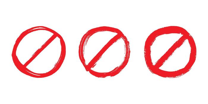 Set of hand drawn prohibition sign No entry symbol Red circle with cross line clipart in doodle style Ban Restriction Forbidden stop Single element for print, web, design ban texture vector