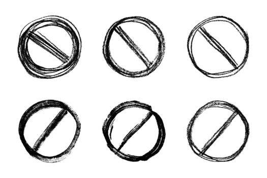 Set of hand drawn prohibition sign No entry symbol Black circle with cross line clipart in doodle style Ban Restriction Forbidden stop Single element for print, web, design ban limit vector