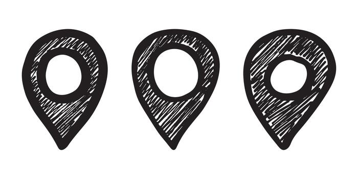 Set of hand drawn map pin Map marker pointer sign GPS and mapping tools Location pin symbol Pinpoint clipart in doodle style Single element for web, design navigation track vector