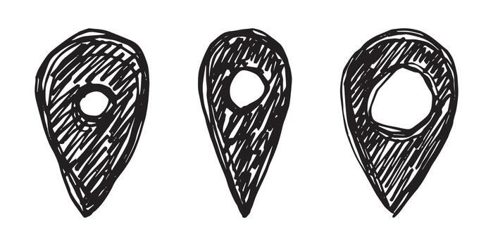 Set of hand drawn map pin Map marker pointer sign GPS and mapping tools Location pin symbol Pinpoint clipart in doodle style Single element for web, design navigation traveling vector