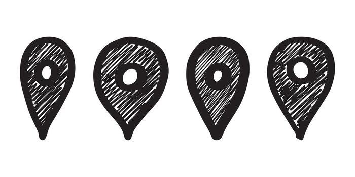 Set of hand drawn map pin Map marker pointer sign GPS and mapping tools Location pin symbol Pinpoint clipart in doodle style Single element for web, design navigation place vector