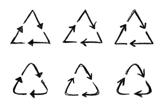 Set of hand drawn recycle arrow icon Recycling resources symbol Reuse of materials, zero waste, green environment, saving the planet motion arrow emblem vector