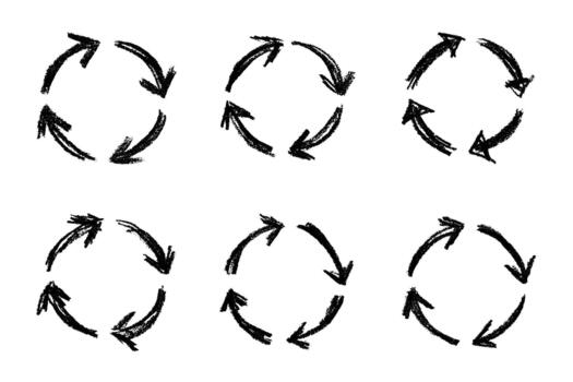 Set of hand drawn recycle arrow icon Recycling resources symbol Reuse of materials, zero waste, green environment, saving the planet motion arrow cycle vector