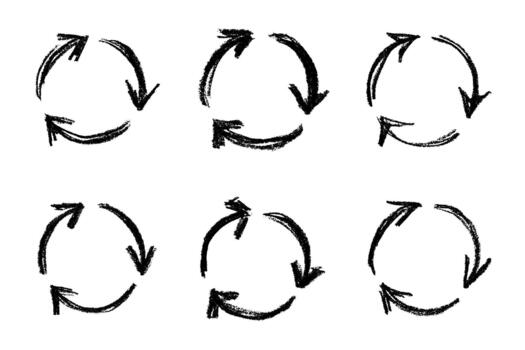 Set of hand drawn recycle arrow icon Recycling resources symbol Reuse of materials, zero waste, green environment, saving the planet motion arrow doodle vector