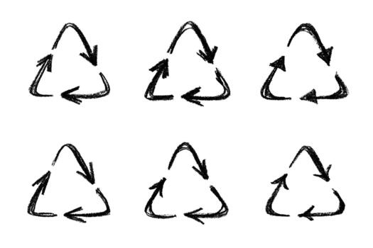 Set of hand drawn recycle arrow icon Recycling resources symbol Reuse of materials, zero waste, green environment, saving the planet motion arrow rotation vector