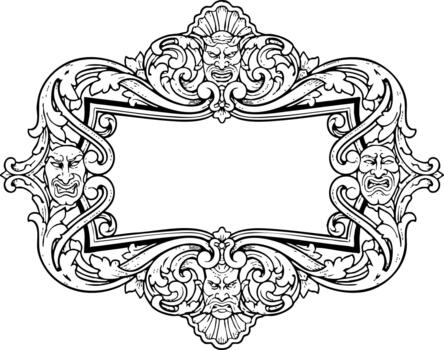 florido Clásico marco gráfico con grotesco mascaras y volutas vector