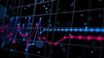 en looped 3d animering av lysande blå och rosa finansiell linje diagram rör på sig tvärs över en mörk digital rutnät, skildrar dynamisk marknadsföra fluktuationer, stock analys, och modern data visualisering. video