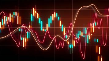 looping 3d framställa av finansiell pris ljus med lysande barer och slät oscillator rader på digital instrumentbräda, som visar flyktighet och teknisk analys för företag och investering. video