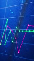 en sömlös 3d slinga animering av vibrerande grön och rosa marknadsföra grafer skiftande över en trogen digital bakgrund, illustrerar stock rörelse, analys, och modern finansiell data. video