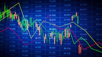 Seamless loop 3D animation of a blue financial candlestick chart with glowing bars, grid numbers, and intersecting trend lines, ideal for trading, stocks, forex, and market analysis. video