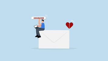 säga upp e-post utgång från utskick lista, 4k animering av affärsman arbetssätt med dator bärbar dator skjuta på säga upp knapp video