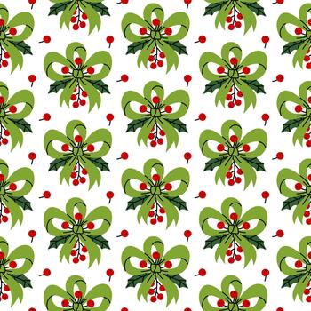 Seamless pattern with green three-loop bows, decorated with holly leaves and red rowan berries in a symmetrical pattern. Flat-style print, perfect for holiday wrapping paper, fabric, or digital vector
