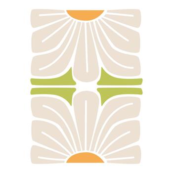 plano ilustración de simétrico margarita flor con hojas inscrito en rectángulo. moderno resumen geométrico elemento. un ideal soltero diseño elemento para carteles, hogar decoración huellas dactilares, textiles, y moderno vector