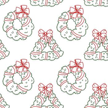 sin costura modelo con verde contorno Navidad coronas de varios formas con rojo arcos minimalista fiesta diseño para festivo envase papel, estacional huellas dactilares en textiles, o digital antecedentes vector