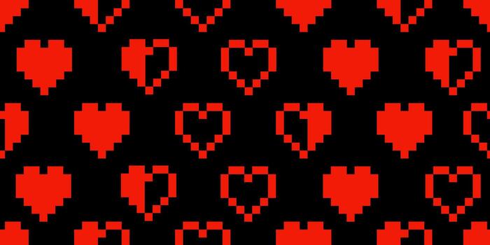 Seamless Pixel Heart Pattern of red hearts in 8 bit style on black background, for game design, retro themed graphics, Valentines prints, or digital backgrounds. illustration vector