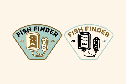 Fish finder retro badge logo design set for fisherman. Sonar device vintage patch symbol graphic pack for angling supply. Fishing depth finder rustic emblem element designs bundle for navigation vector