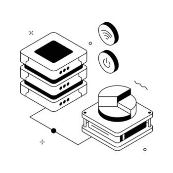 Server stack with data charts representing digital storage and performance analytics.. vector