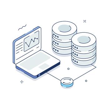 Server stack with data charts representing digital storage and performance analytics. vector