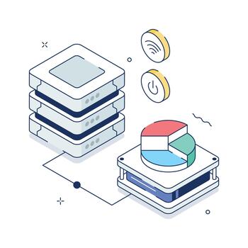 Server stack with data charts representing digital storage and performance analytics vector