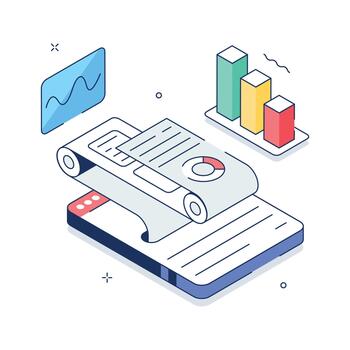 un isométrica ilustración de negocio reporte con gráficos, gráficos, y datos perspectivas vector