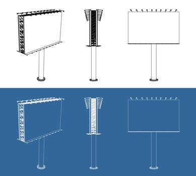 Isometric technical blueprint illustration of a large outdoor billboard structure, showing multiple angles including front, side, and perspective views vector