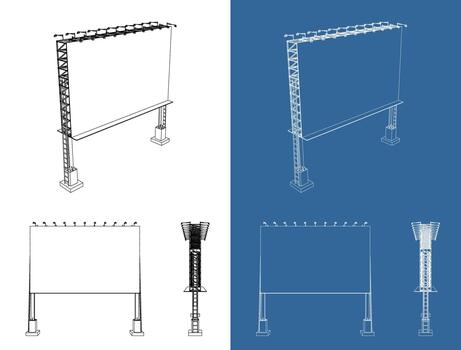 technical blueprint illustration of an outdoor billboard structure, shown in isometric, front, and side views vector