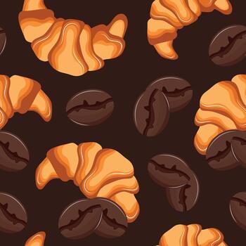 sin costura modelo con francés croissants con café frijoles siguiente a a ellos, arreglado al azar en un marrón fondo, para menús y varios comida diseños vector